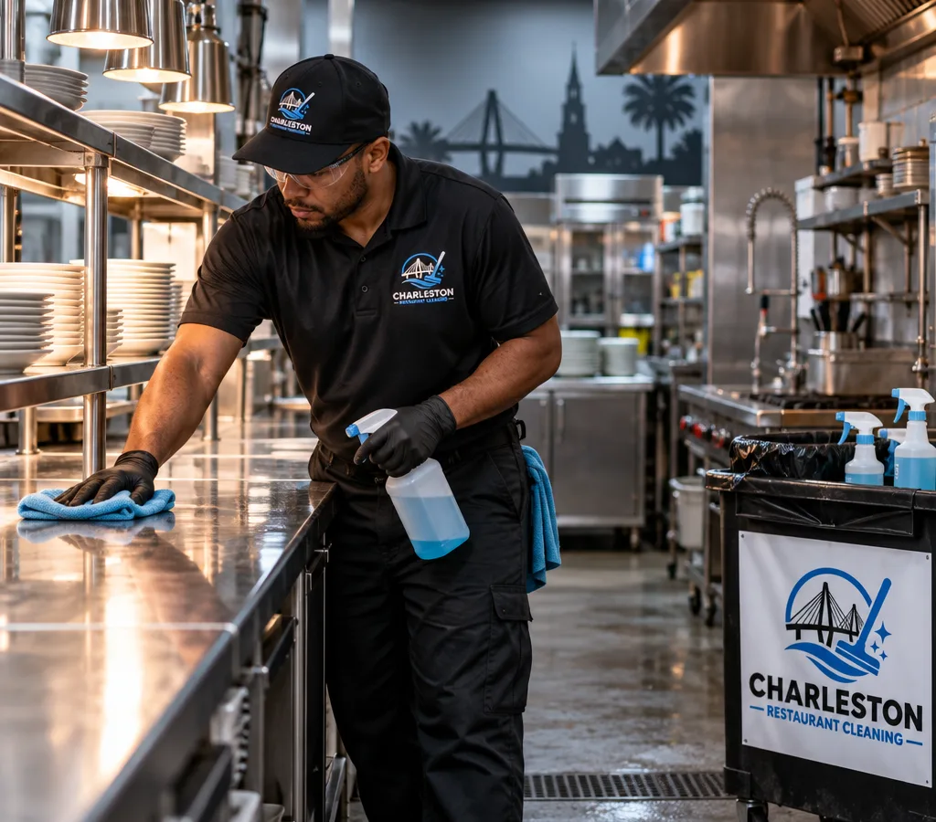 Night crew member sanitizing stainless prep tables and a pass line in a Charleston restaurant kitchen