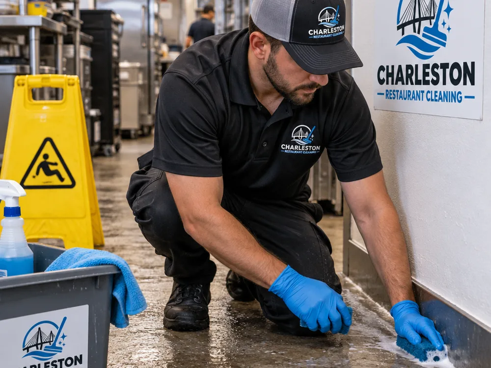 Technician detailing baseboards and floor edges in a restaurant back-of-house corridor