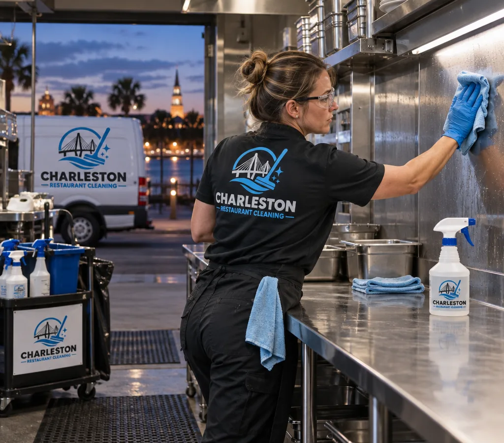Professional cleaner wiping a stainless prep line and backsplash in a Charleston restaurant kitchen after close