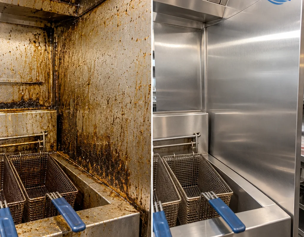 Before and after view of grease film removed from a cook-line wall and stainless fryer side panel