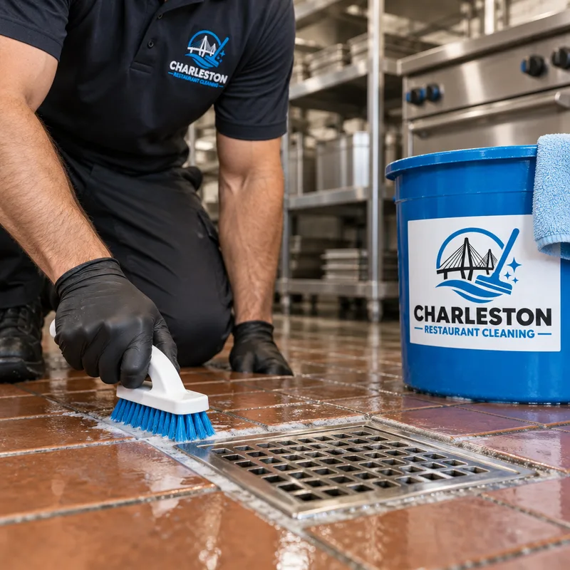 Cleaned commercial kitchen floor grout and drain area with scrubbed corners and edges
