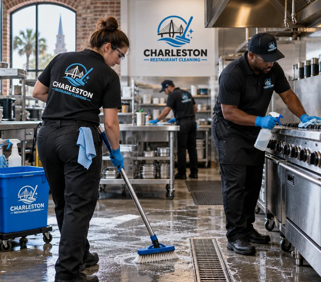 Professional cleaners in protective equipment deep cleaning a commercial restaurant kitchen with stainless prep tables, range line, and floor drains