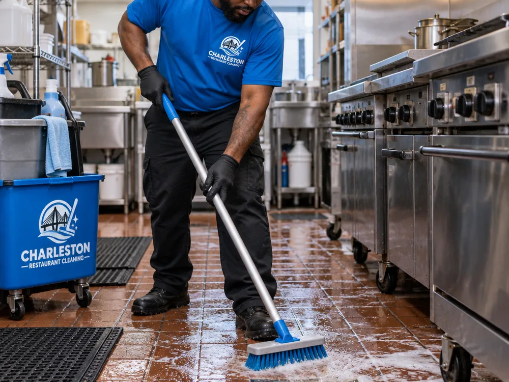 Cleaner scrubbing commercial kitchen floor grout near a drain with stainless equipment and mats staged aside