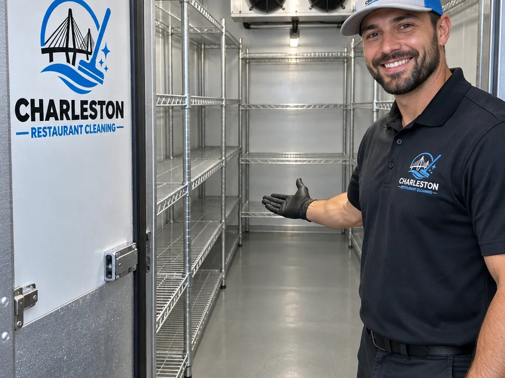 Clean walk-in cooler with wiped shelving exteriors, clean door gasket area, and dry floor