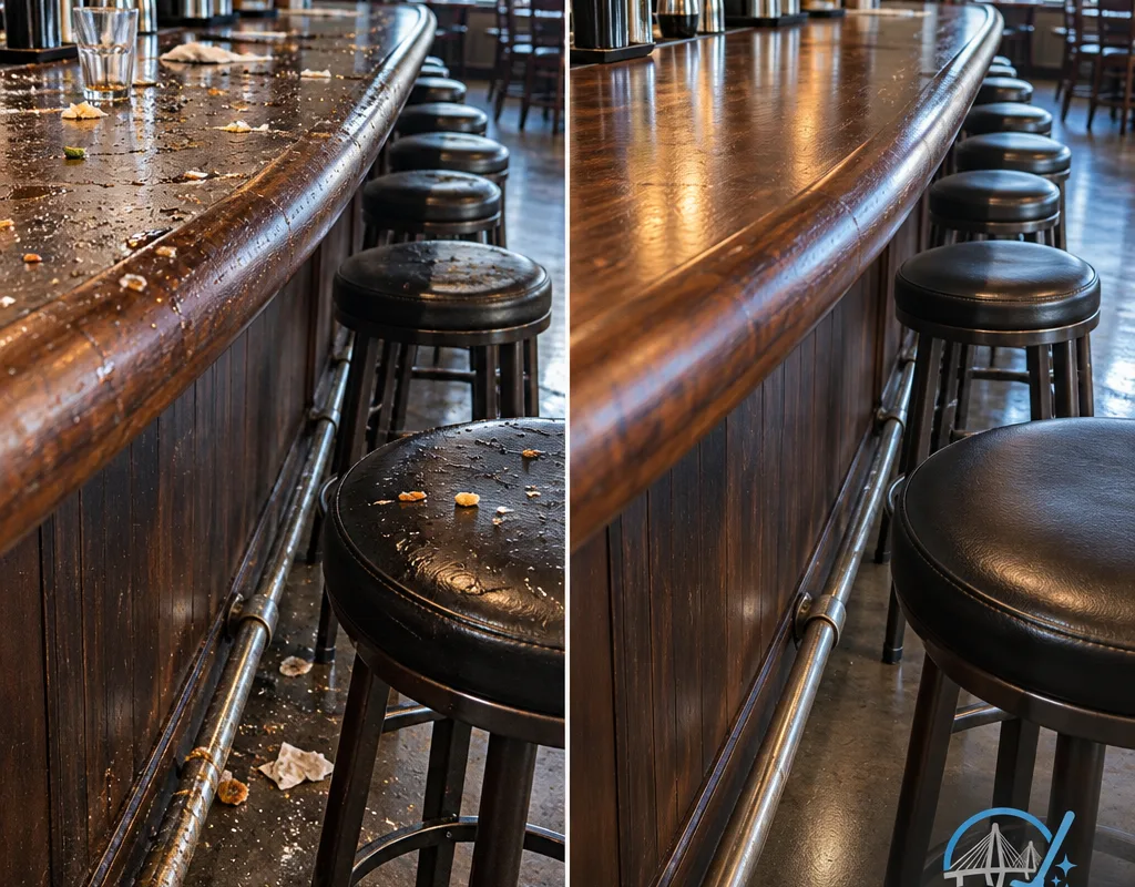 Before and after view of a restaurant bar guest area with clean rails, stools, and detailed floor edges
