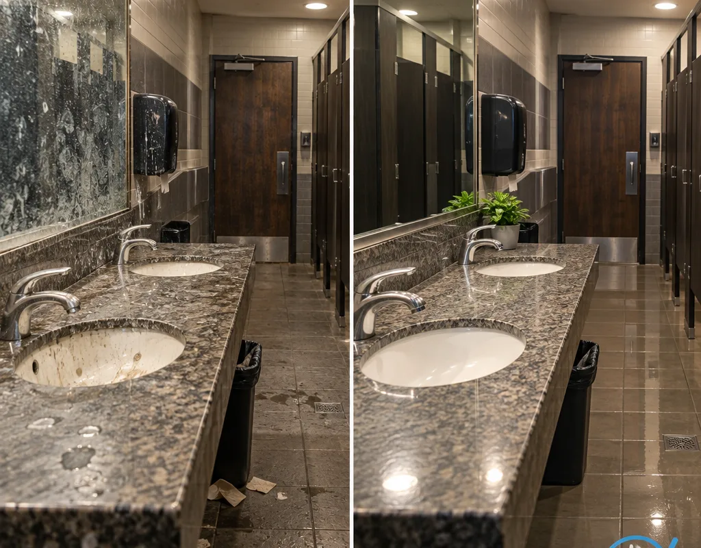 Before and after view of a restaurant restroom with polished fixtures, clean sink, mirror, and freshly mopped floor