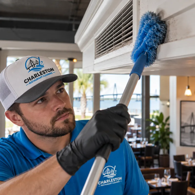 Close-up of high dusting around a ledge and vent cover above restaurant guest seating