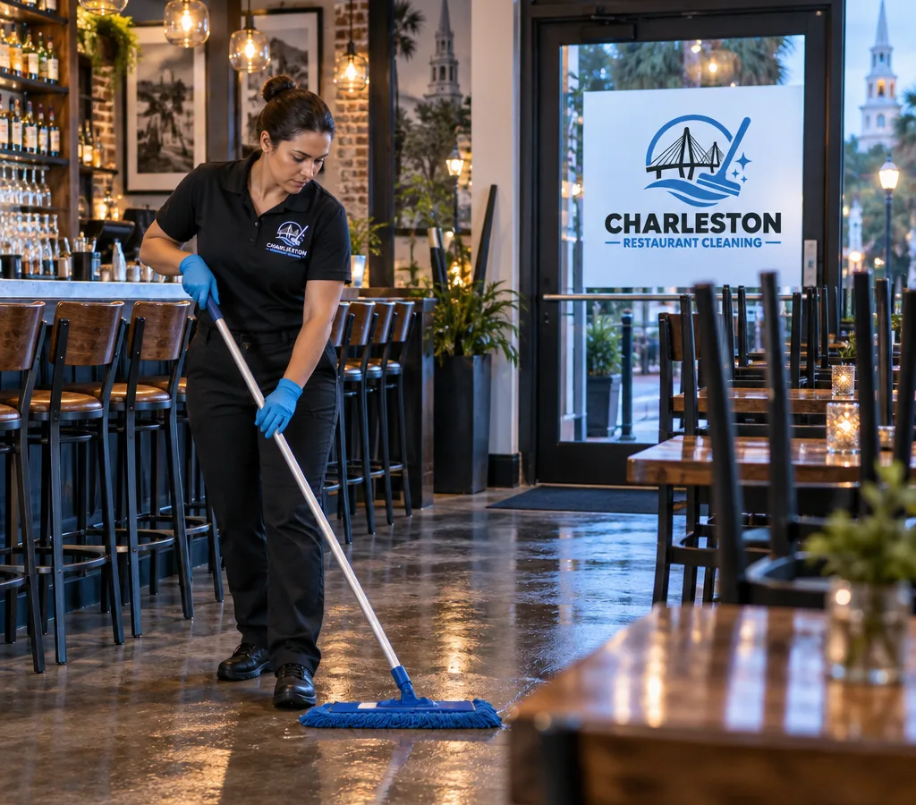 Cleaner mopping a staged Charleston restaurant dining room after hours with the bar and entrance visible