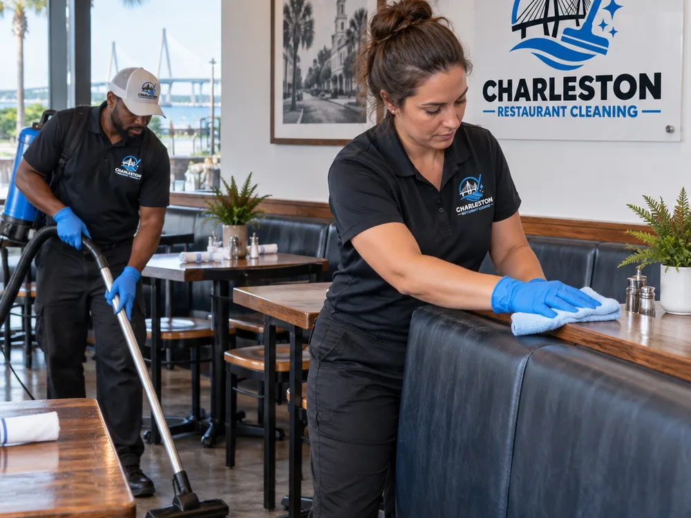 Restaurant cleaning team wiping booth backs and ledges and vacuuming beneath dining tables