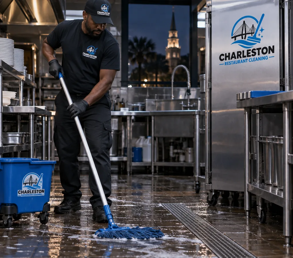 Night crew member mopping and sanitizing a Charleston restaurant kitchen after close