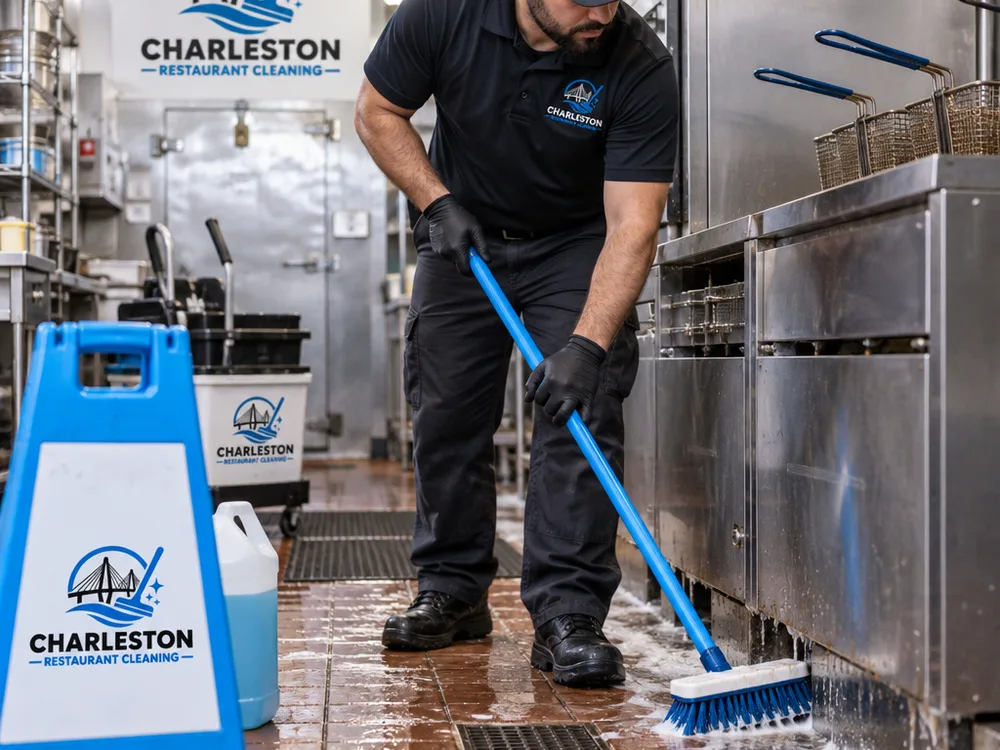 Technician detailing a commercial kitchen floor edge near a fryer line using controlled water and degreaser