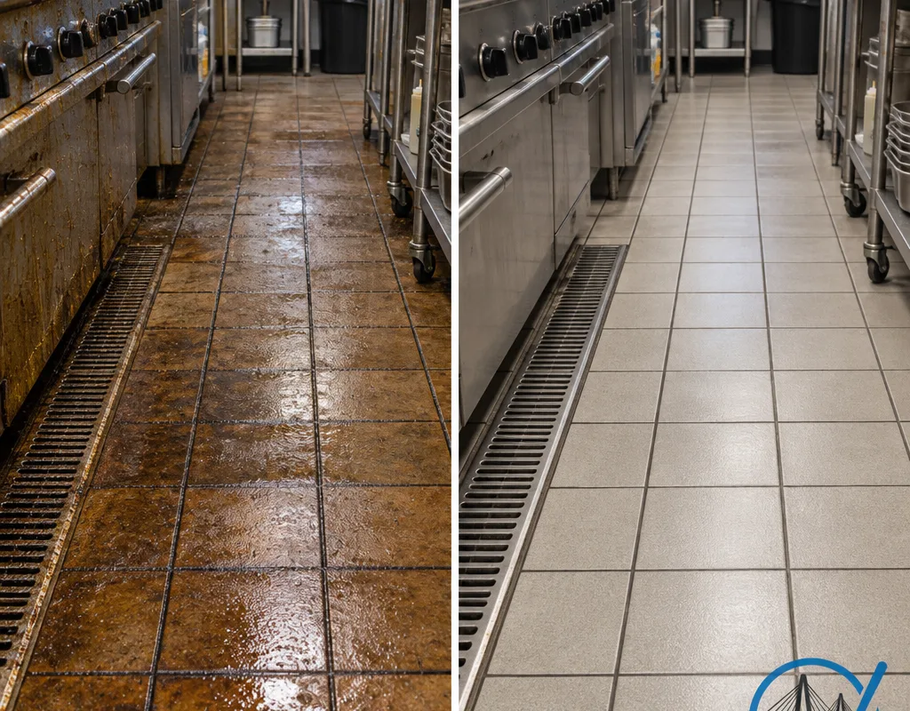Before and after view of a restaurant cook-line floor lane following degreasing and extraction