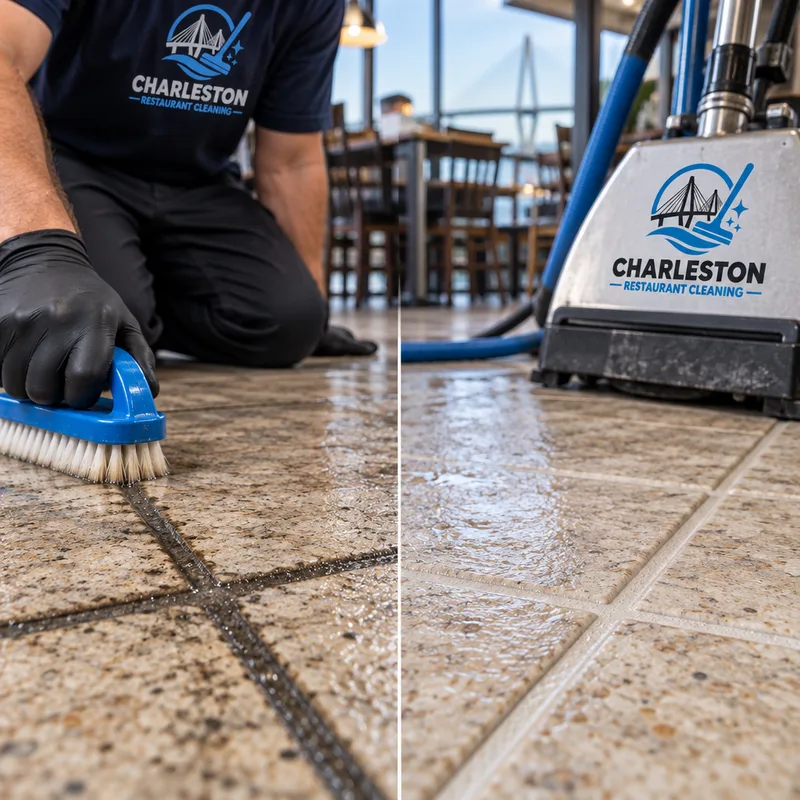 Cleaned grout lines with reduced dark buildup beside textured restaurant tile