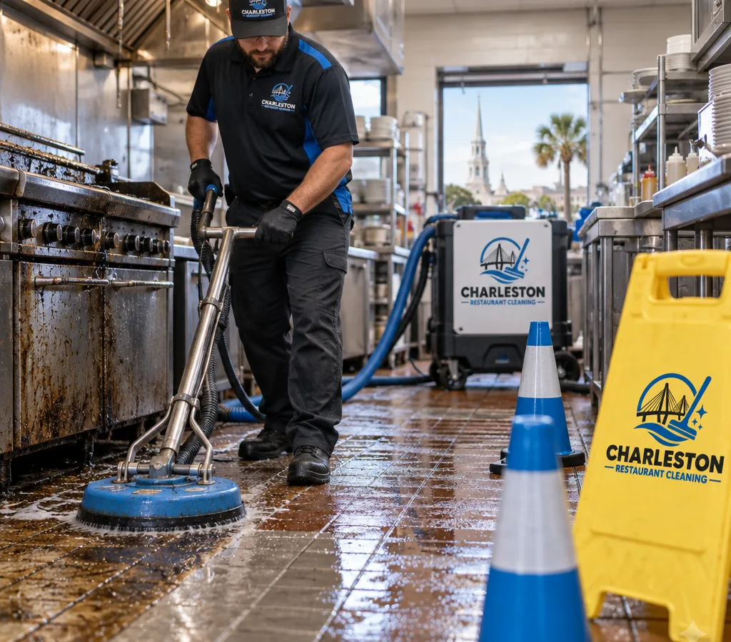 Technician degreasing a commercial restaurant kitchen floor with safety signage in place