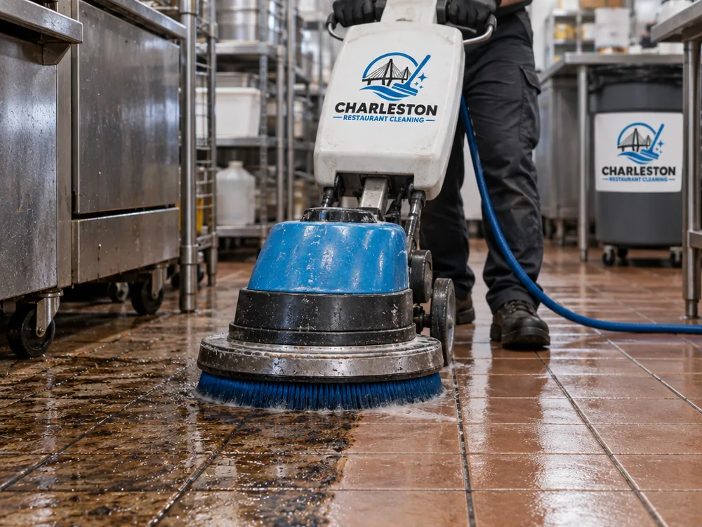 Commercial scrubber cleaning greasy restaurant tile and grout during extraction