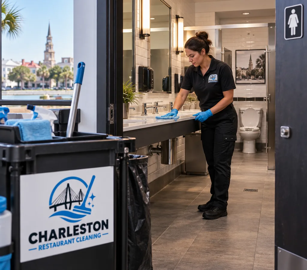 Spotless restaurant restroom with freshly sanitized toilets, sinks, and touchpoints and a cleaning cart outside the door