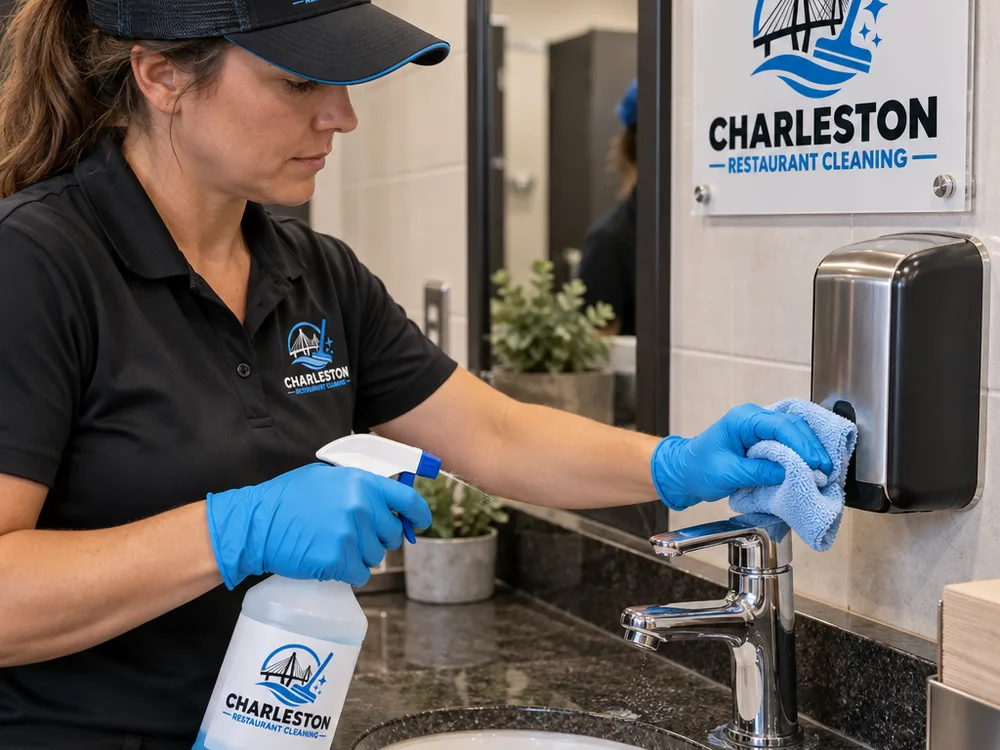 Gloved cleaner disinfecting a restaurant restroom faucet handle and soap dispenser