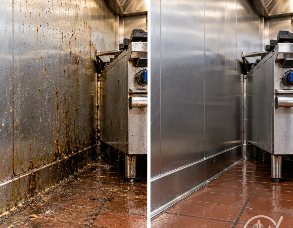 Before and after view of grease and splash buildup removed from a commercial cookline wall and floor edge