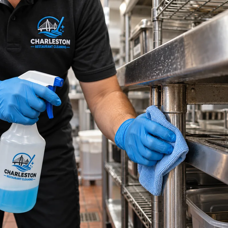 Hands cleaning a stainless prep table seam and handle where kitchen grime collects