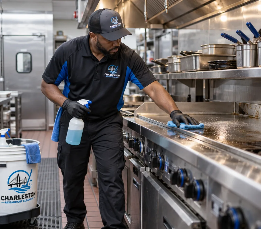 Technician cleaning stainless equipment and degreasing cookline edges in a North Charleston restaurant kitchen