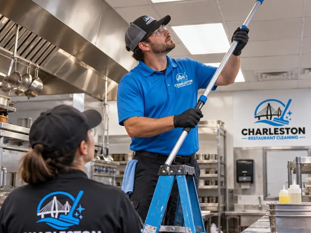 Technician on a ladder high dusting commercial kitchen vents and light fixtures while a team member spots below