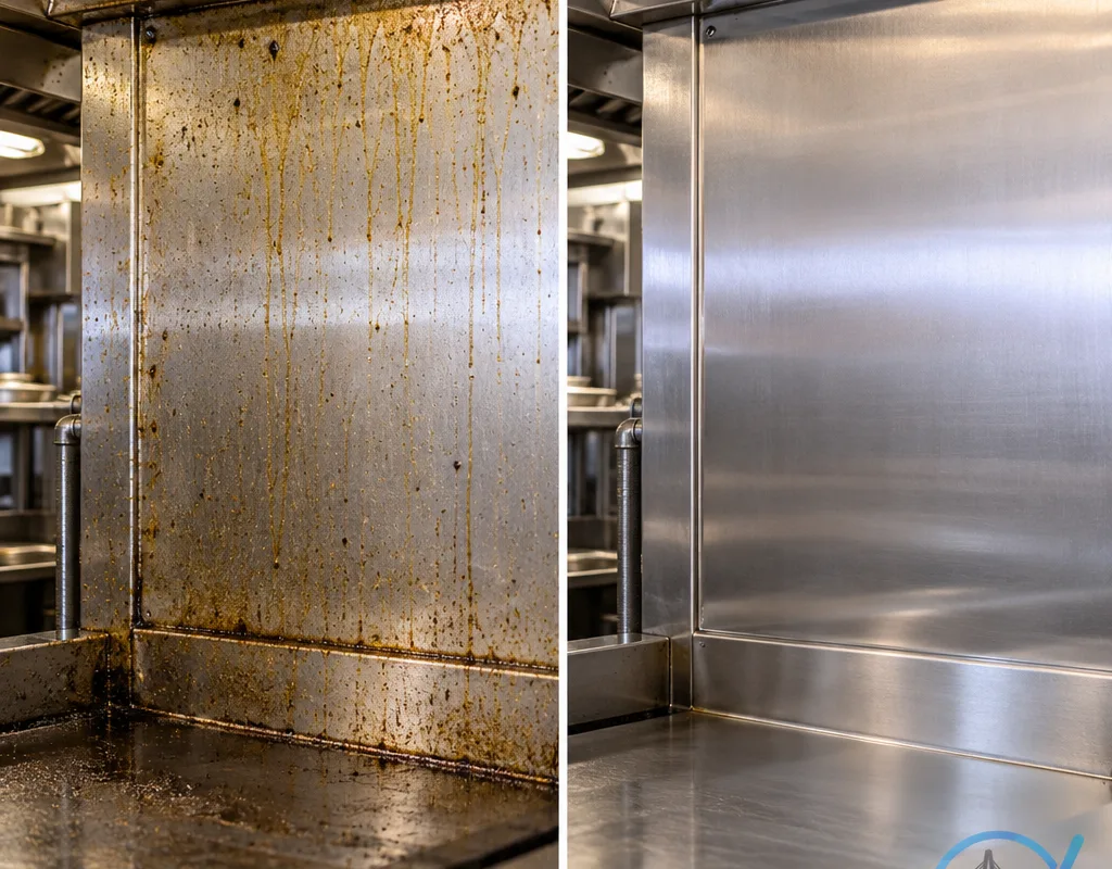 Before and after view of a grease-coated stainless backsplash and equipment panel after cleaning