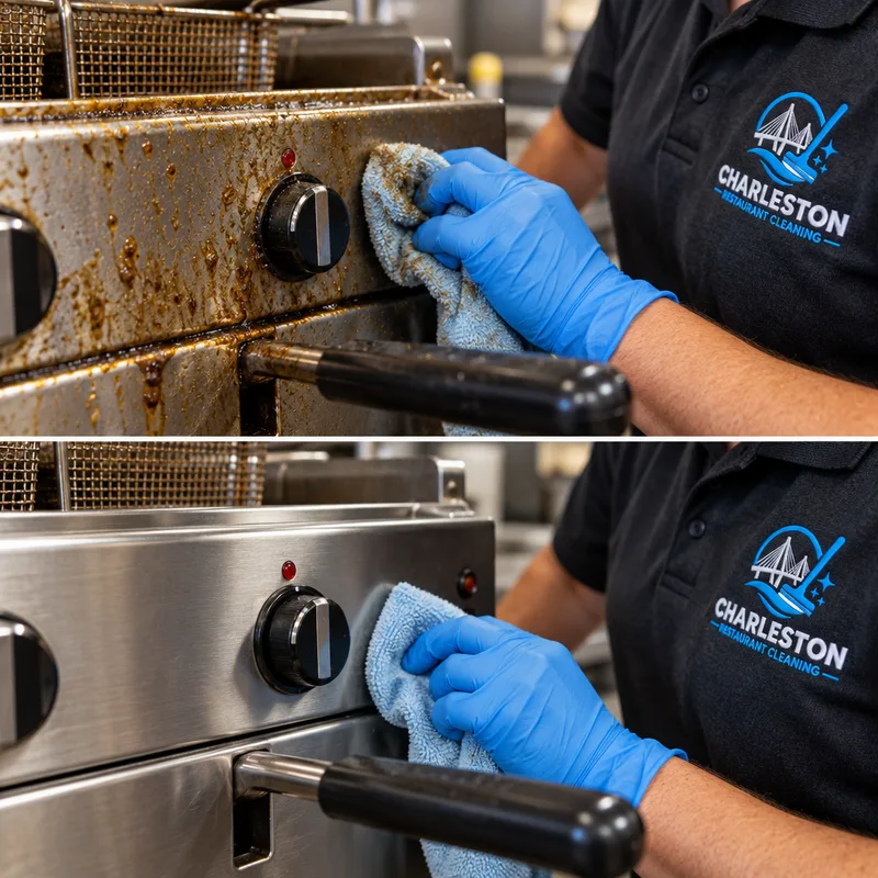 Cleaned fryer controls and handles with grease removed from knobs, seams, and touch points