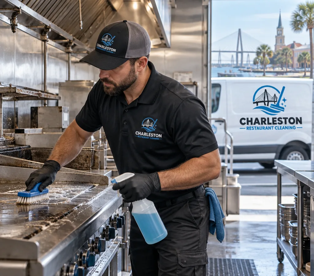 Technician cleaning stainless restaurant equipment on a commercial line with food-safe degreaser