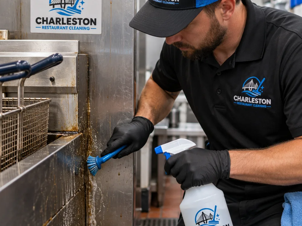 Technician detailing grease buildup along the seam behind a fryer and stainless wall