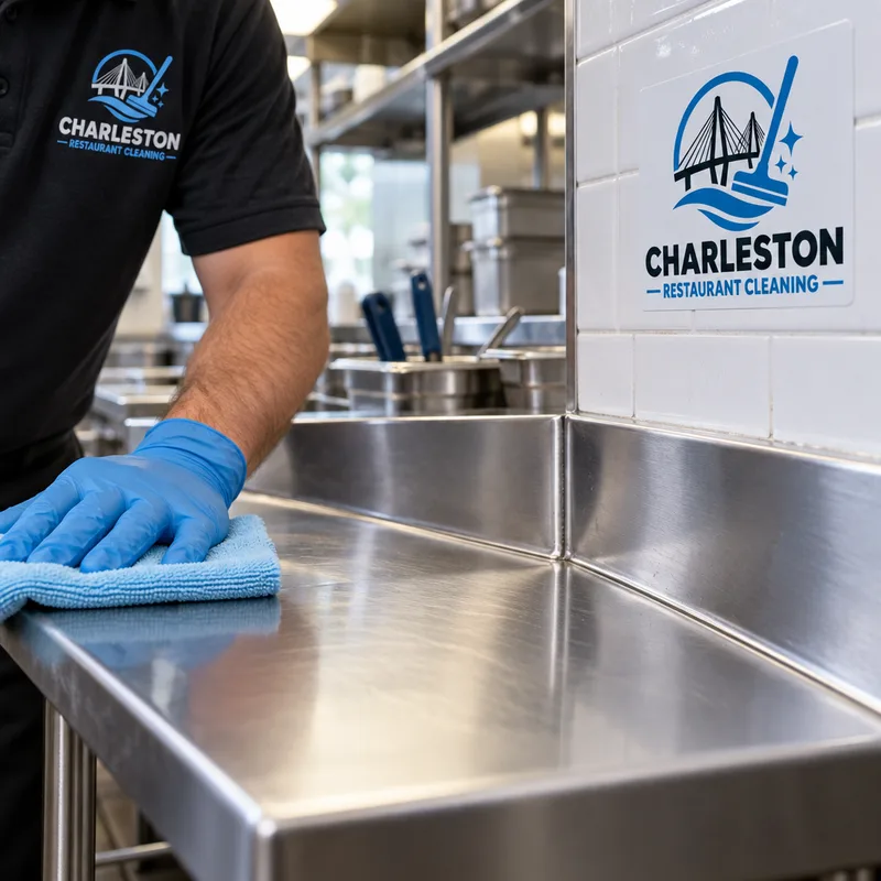 Sanitized commercial prep table corner and backsplash with clean seams and no grease haze