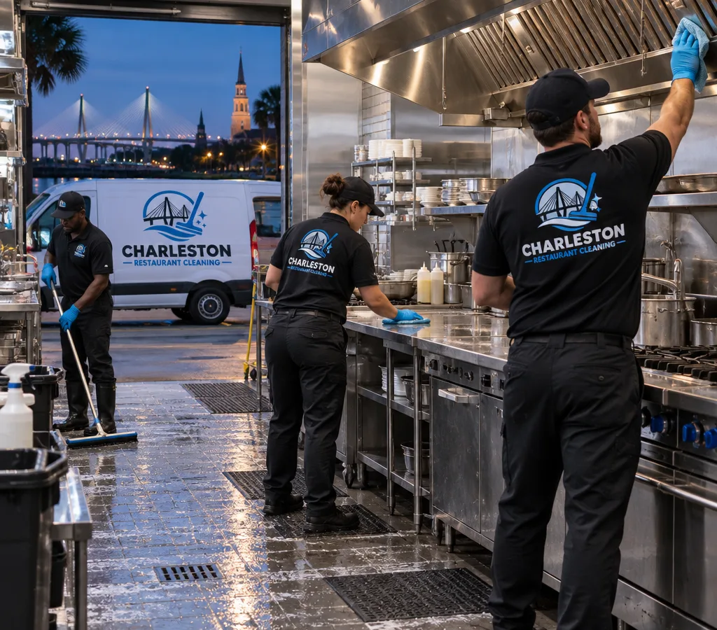 After-hours restaurant cleaning crew sanitizing a commercial kitchen line, prep tables, hood area, and floors