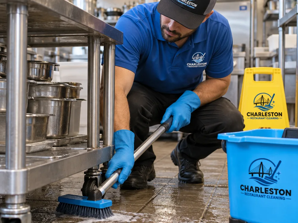 Cleaner detailing commercial kitchen floor edges under a movable prep table with a scrubber and wet floor signage