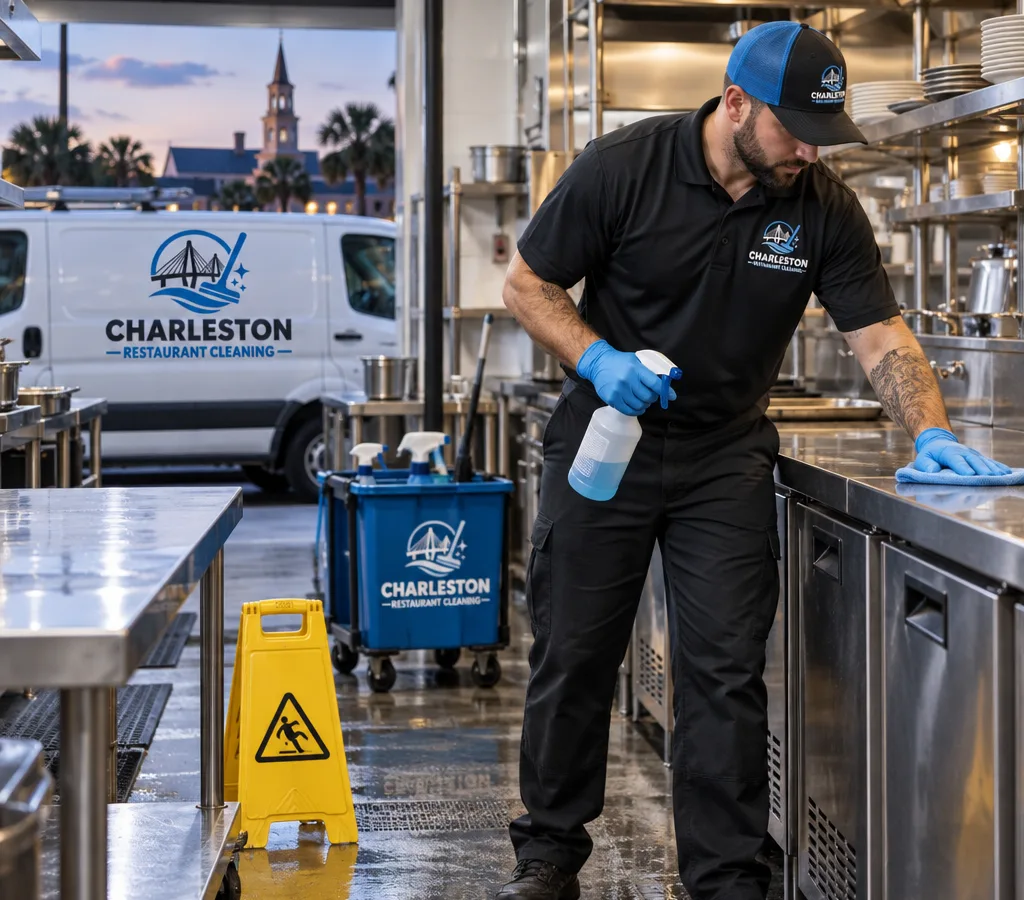Technician in protective equipment cleaning stainless prep tables and equipment fronts in a commercial restaurant kitchen after hours