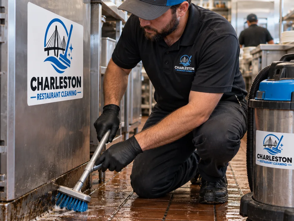 Cleaner detailing greasy restaurant floor edges and baseboards with a deck brush and wet vacuum nearby