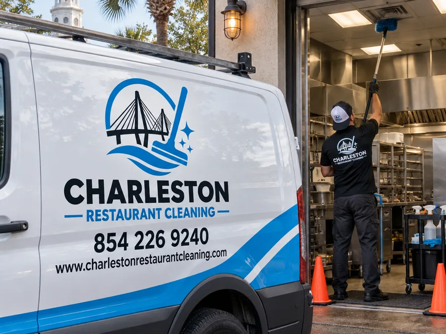 Restaurant cleaning team member high dusting kitchen vents and lights in a safely staged work area
