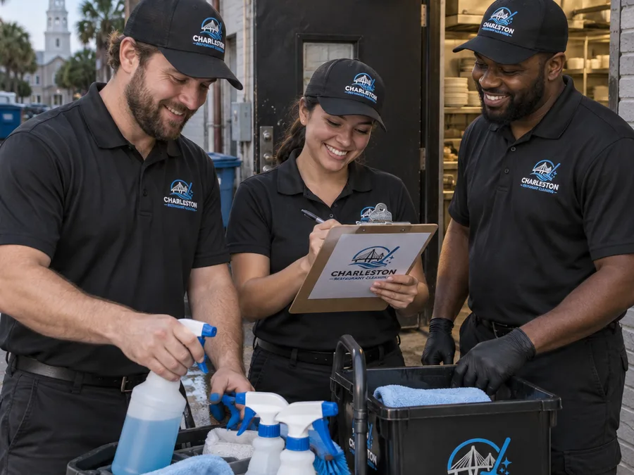 Restaurant cleaning team staging supplies and a checklist before an after-hours clean