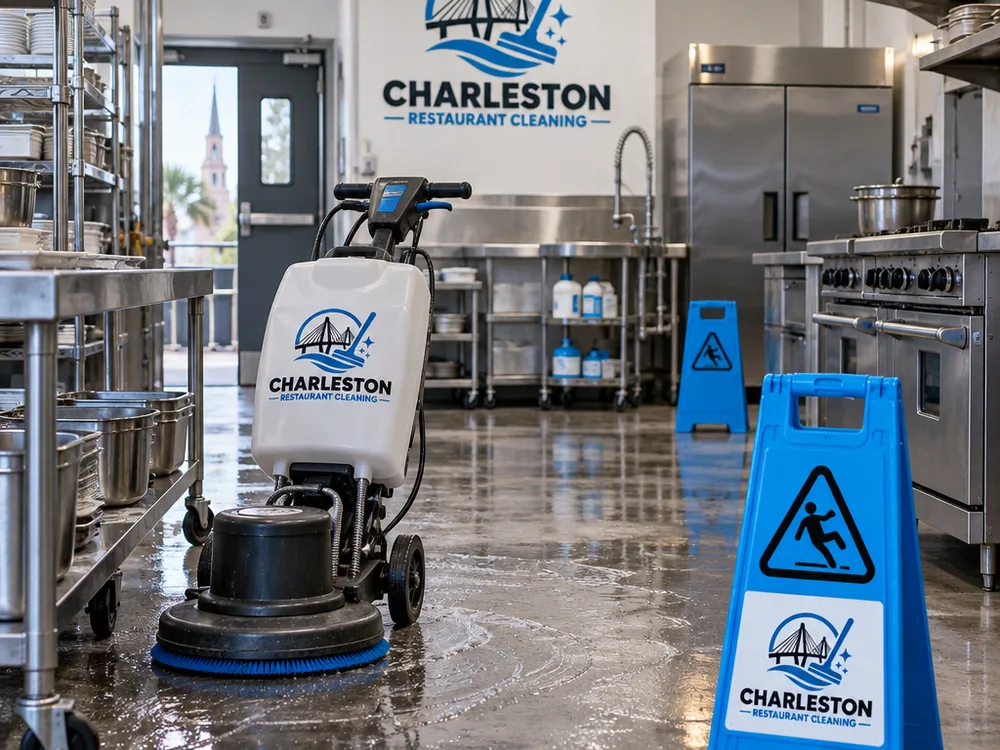 Commercial kitchen staged with wet floor signs while professional floor-cleaning equipment is in use